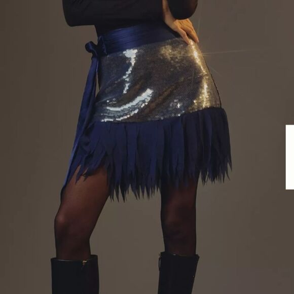 NWT $168  Anthropologie Shimmering Sequin and Fringe Mini Skirt - Picture 1 of 9